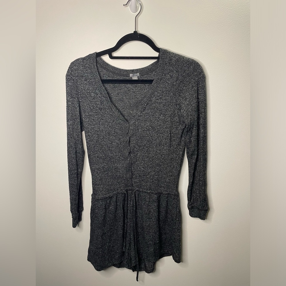 Aerie Charcoal Gray Marled Henley Button Long Sleeve Romper Loungewear Soft